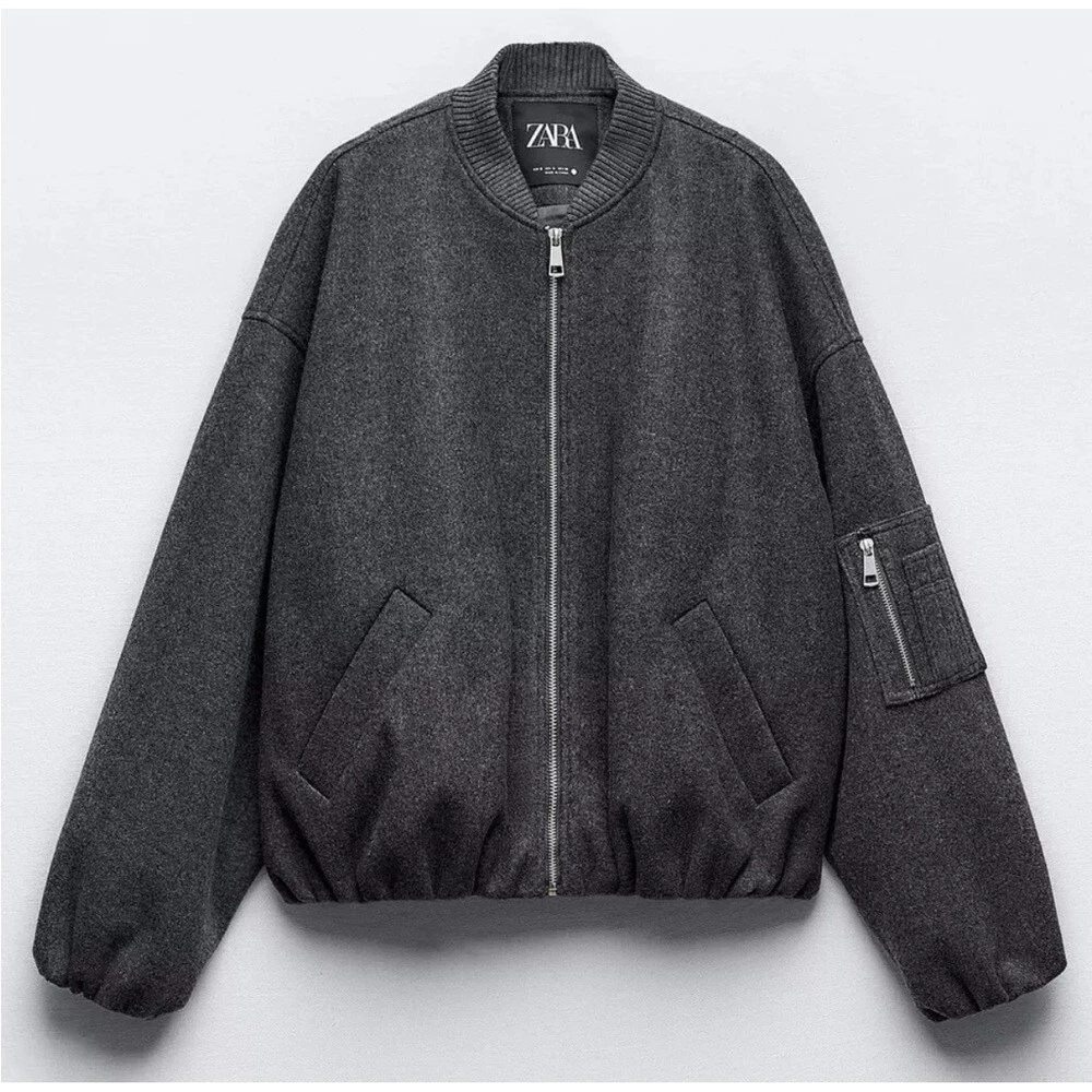 ZARA Women's Charcoal Bubble Hem Bomber Jacket Size Medium Excellent Pre-owned‎